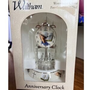 Vintage Waltham Praying Hands Anniversary Clock Westminster Chime Glass Dome